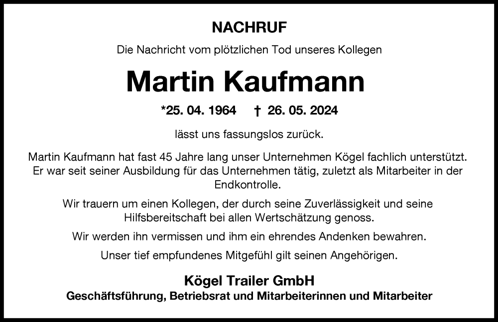 Traueranzeige von Martin Kaufmann von Mittelschwäbische Nachrichten