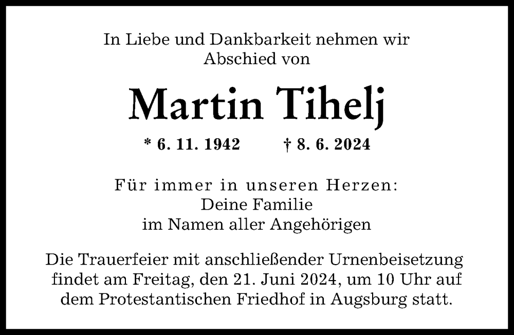 Traueranzeige von Martin Tihelj von Augsburger Allgemeine