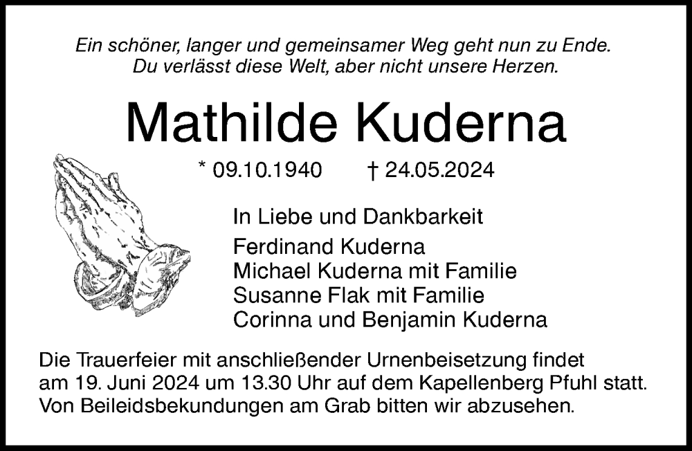 Traueranzeige von Mathilde Kuderna von Augsburger Allgemeine, Neu-Ulmer Zeitung