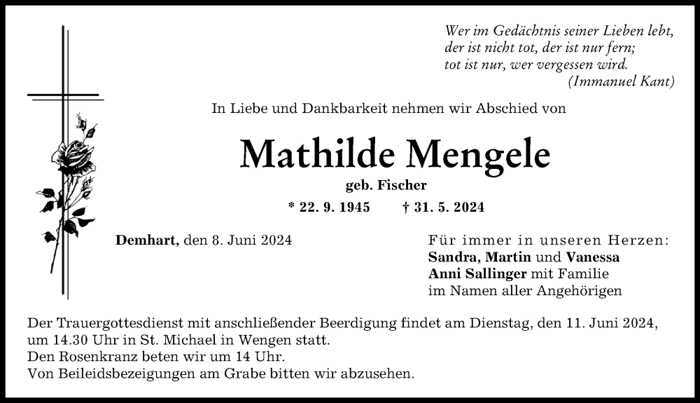 Traueranzeige von Mathilde Mengele von Wertinger Zeitung