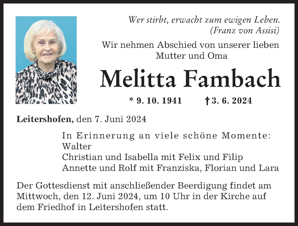 Traueranzeige von Melitta Fambach von Augsburger Allgemeine