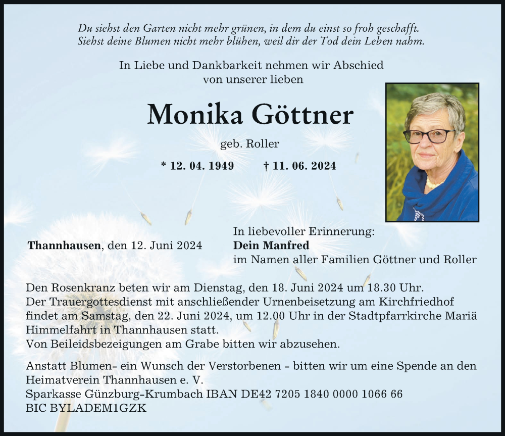 Traueranzeige von Monika Göttner von Mittelschwäbische Nachrichten