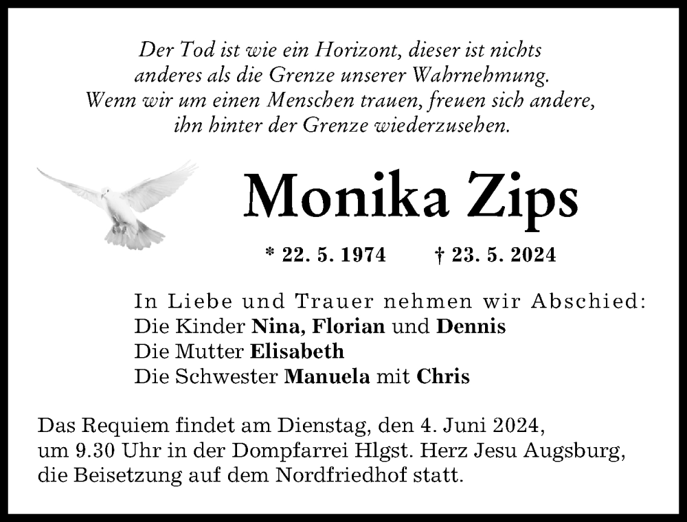 Traueranzeige von Monika Zips von Augsburger Allgemeine, Donauwörther Zeitung