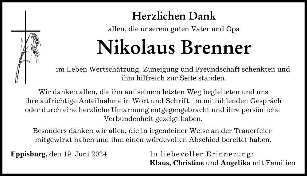 Traueranzeige von Nikolaus Brenner von Wertinger Zeitung, Donau Zeitung