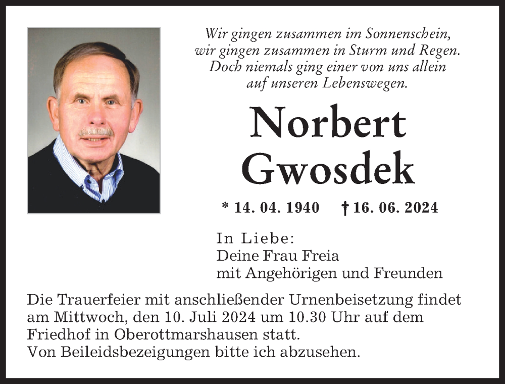 Traueranzeige von Norbert Gwosdek von Schwabmünchner Allgemeine