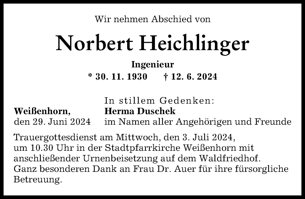 Traueranzeige von Norbert Heichlinger von Neu-Ulmer Zeitung