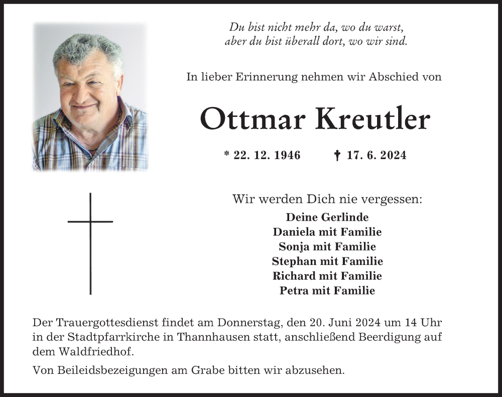 Traueranzeige von Ottmar Kreutler von Mittelschwäbische Nachrichten, Günzburger Zeitung