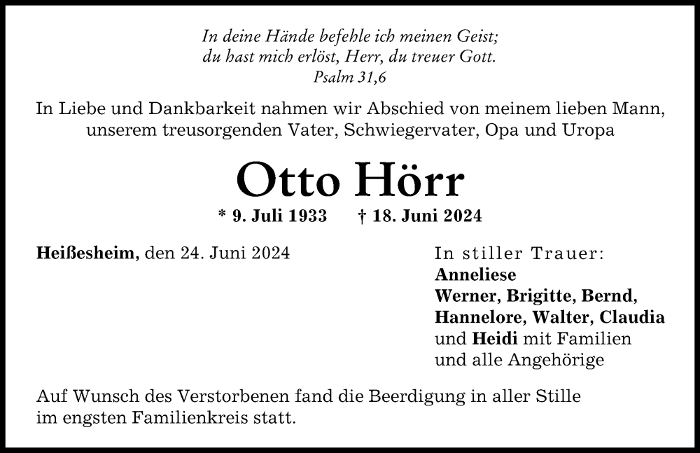 Traueranzeige von Otto Hörr von Donauwörther Zeitung