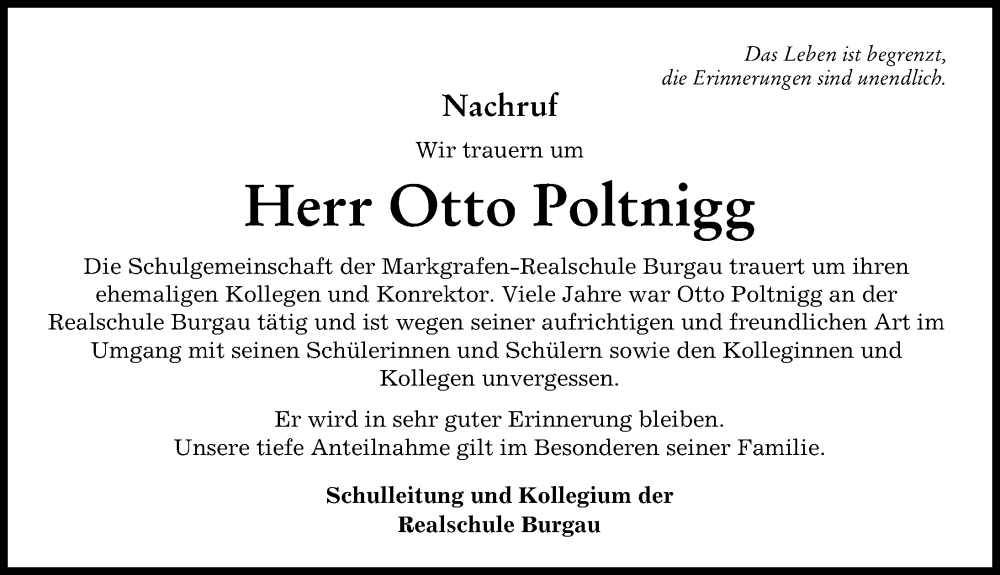 Traueranzeige von Otto Poltnigg von Günzburger Zeitung