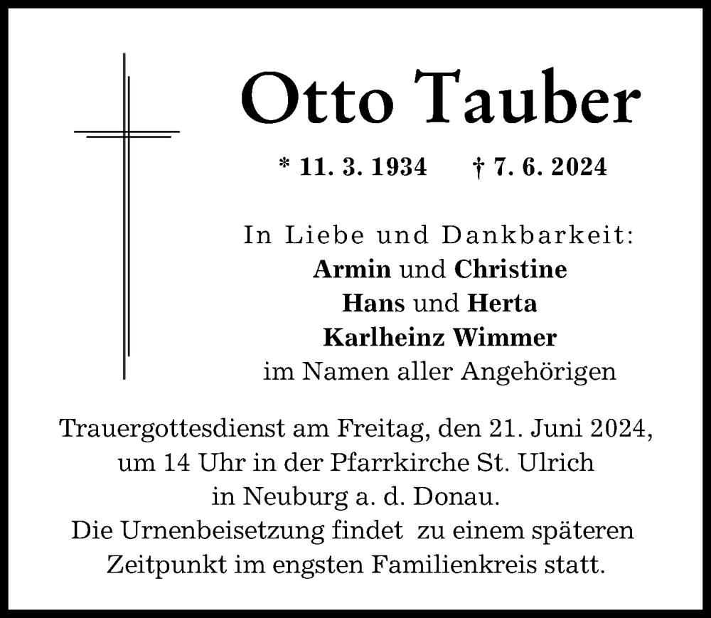 Traueranzeige von Otto Tauber von Neuburger Rundschau