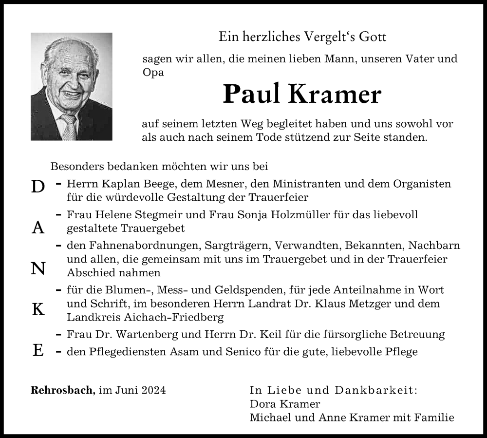 Traueranzeige von Paul Kramer von Friedberger Allgemeine