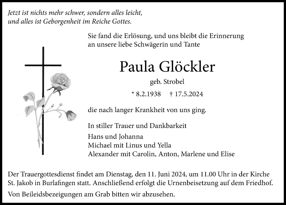 Traueranzeige von Paula Glöckler von Augsburger Allgemeine, Neu-Ulmer Zeitung
