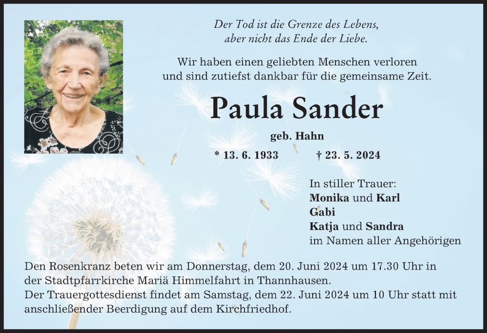 Traueranzeige von Paula Sander von Mittelschwäbische Nachrichten