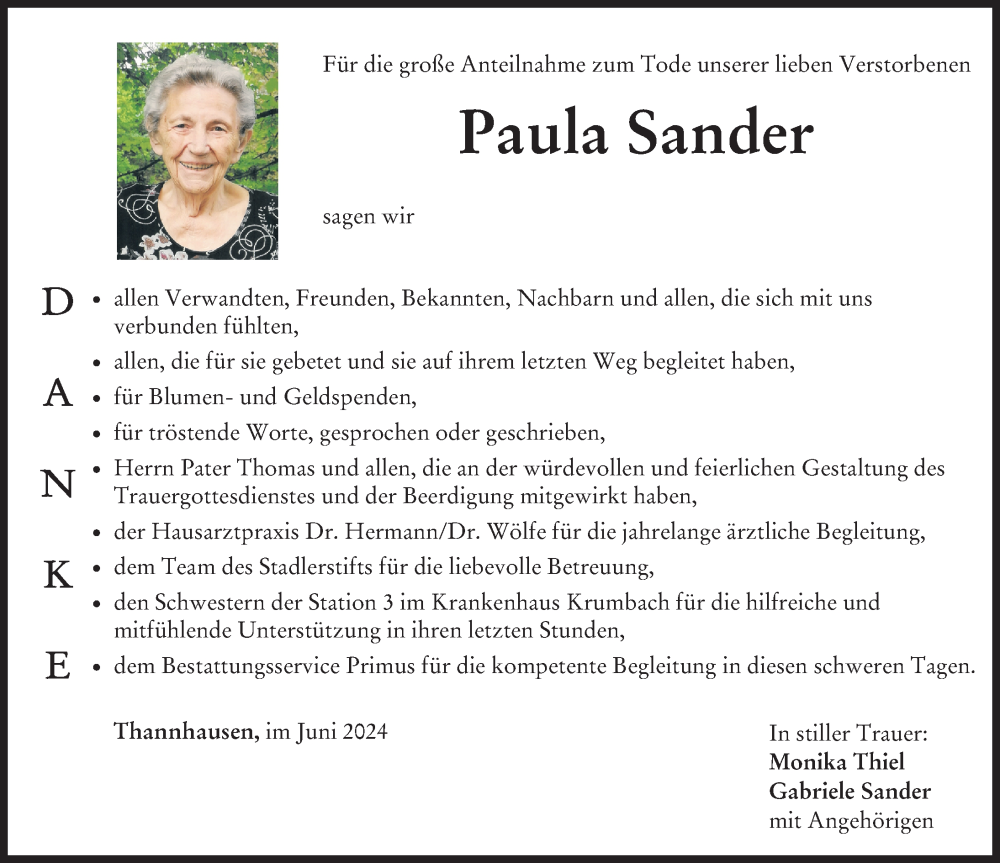 Traueranzeige von Paula Sander von Mittelschwäbische Nachrichten