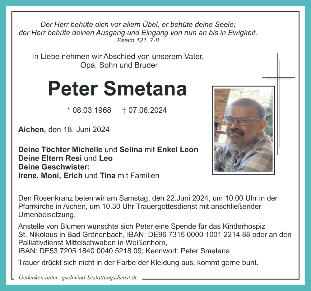 Traueranzeige von Peter Smetana von Mittelschwäbische Nachrichten