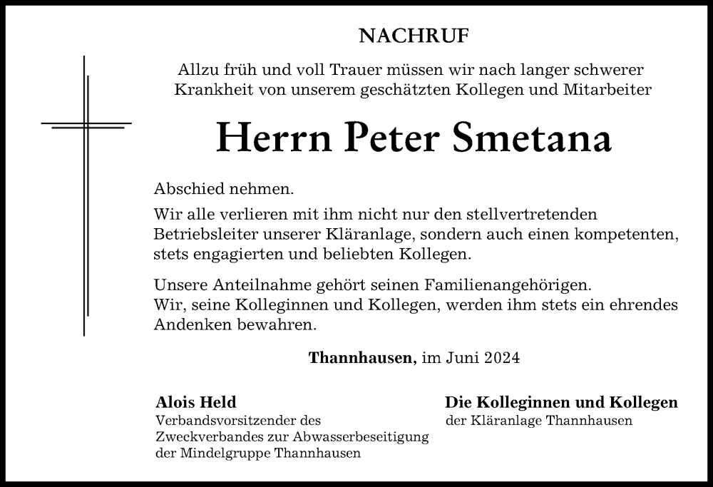 Traueranzeige von Peter Smetana von Mittelschwäbische Nachrichten