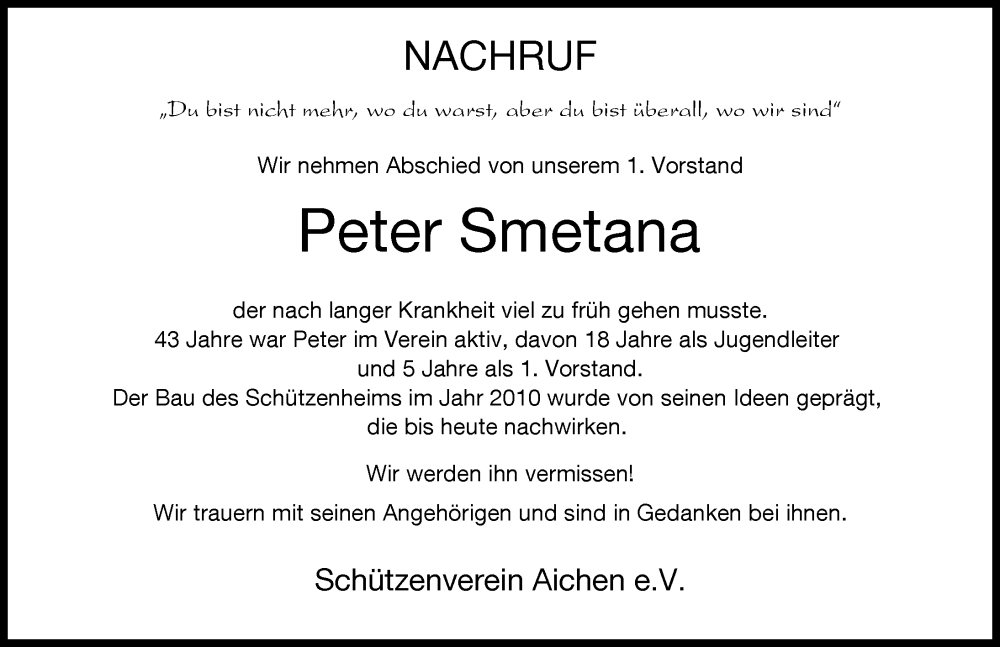 Traueranzeige von Peter Smetana von Mittelschwäbische Nachrichten