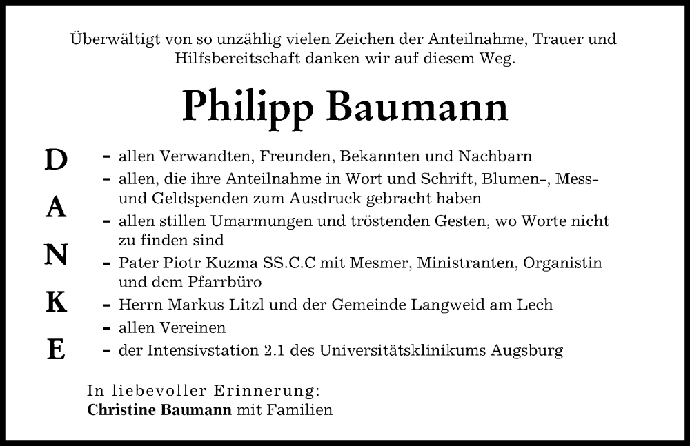 Traueranzeige von Philipp Baumann von Wertinger Zeitung, Augsburg-Land