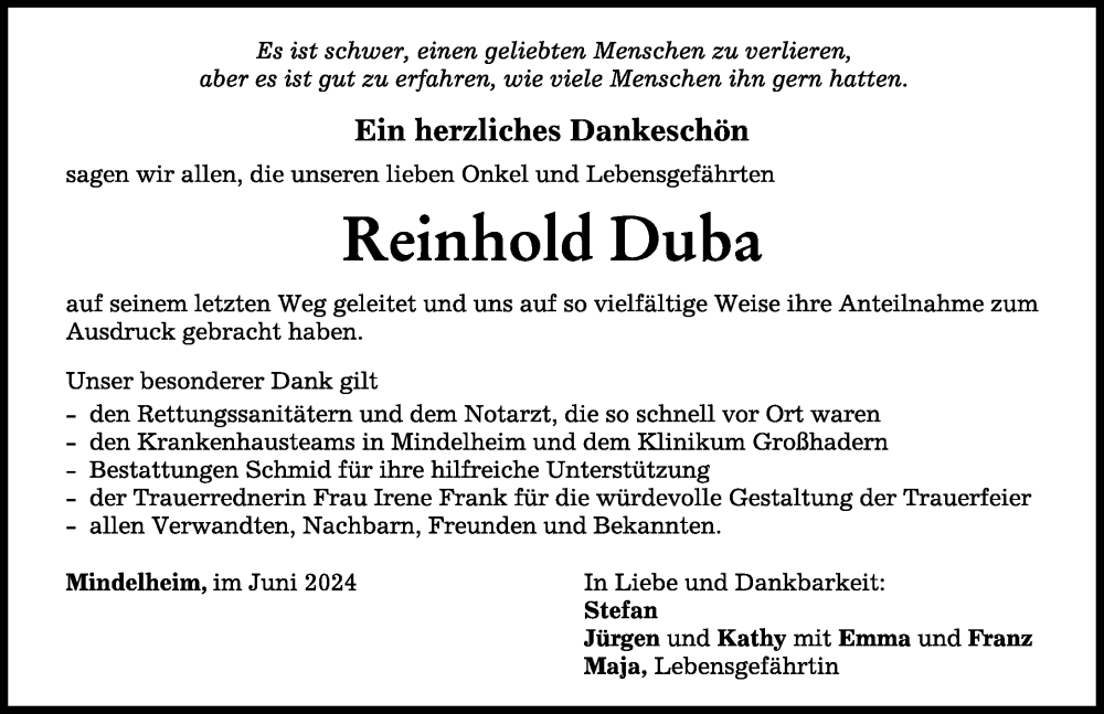 Traueranzeige von Reinhold Duba von Mindelheimer Zeitung