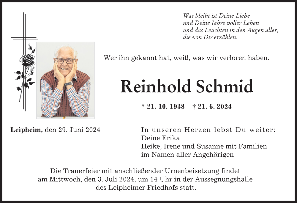Traueranzeige von Reinhold Schmid von Günzburger Zeitung