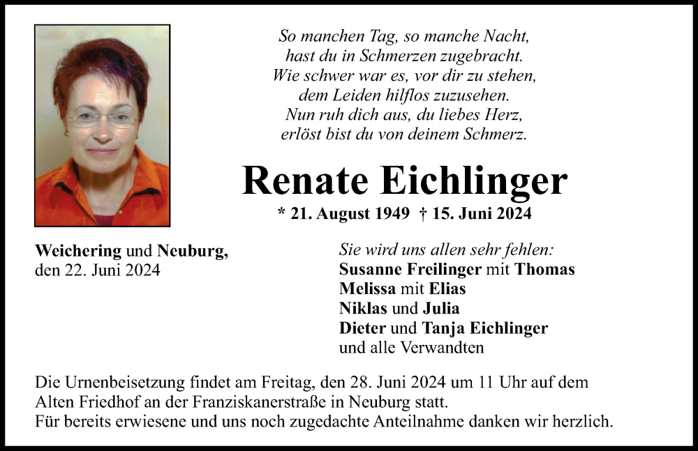 Traueranzeige von Renate Eichlinger von Neuburger Rundschau