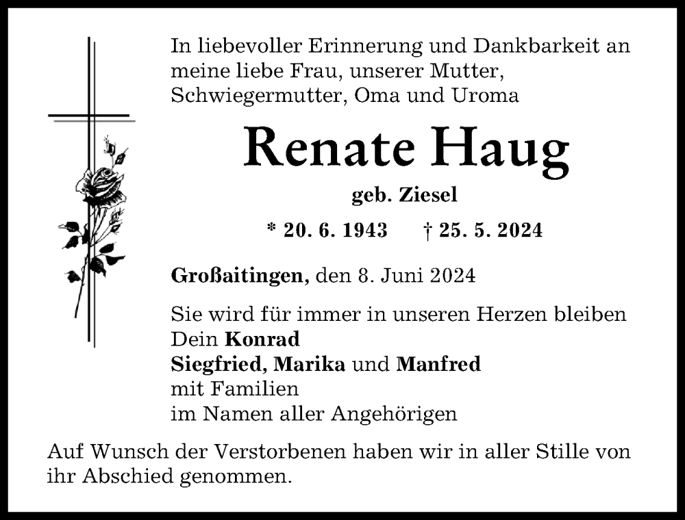 Traueranzeige von Renate Haug von Schwabmünchner Allgemeine