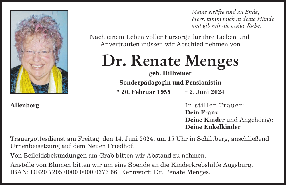 Traueranzeige von Renate Menges von Aichacher Nachrichten, Augsburger Allgemeine