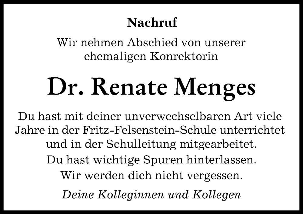 Traueranzeige von Renate Menges von Augsburg-Land