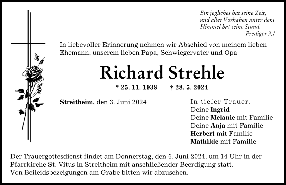 Traueranzeige von Richard Strehle von Augsburg-Land