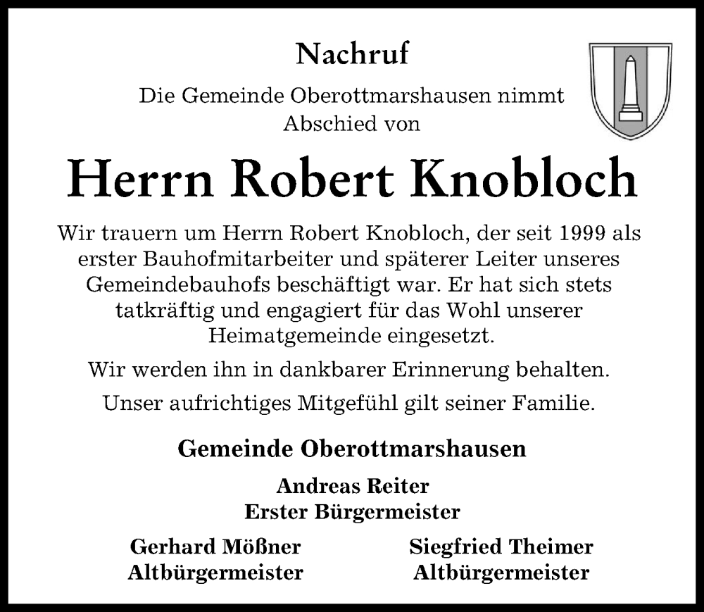  Traueranzeige für Robert Knobloch vom 25.06.2024 aus Schwabmünchner Allgemeine