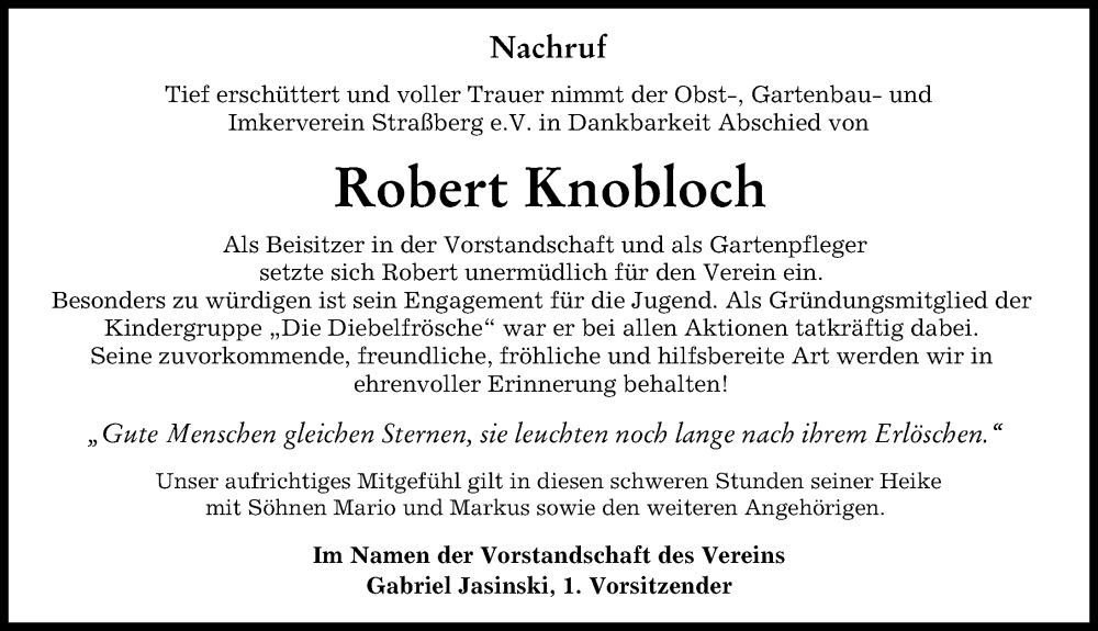  Traueranzeige für Robert Knobloch vom 25.06.2024 aus Schwabmünchner Allgemeine