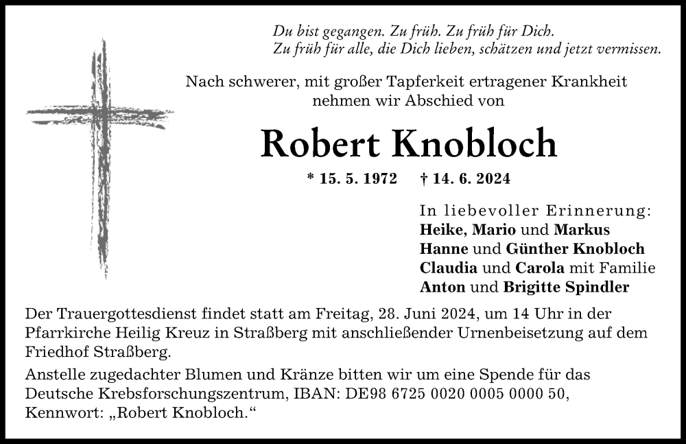  Traueranzeige für Robert Knobloch vom 25.06.2024 aus Schwabmünchner Allgemeine