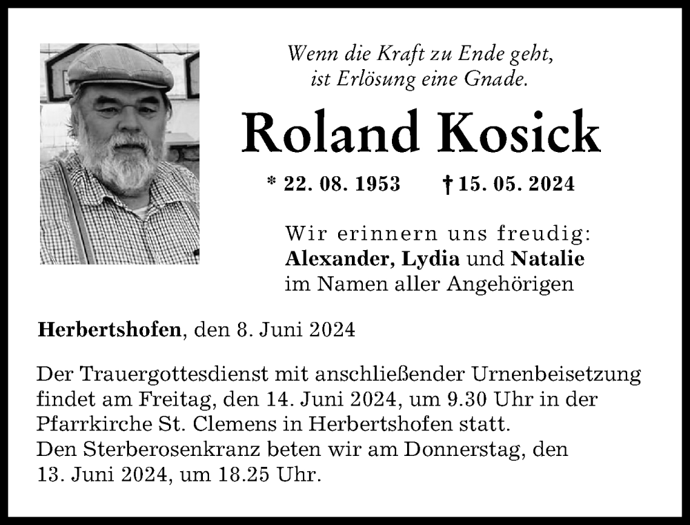  Traueranzeige für Roland Kosick vom 08.06.2024 aus Augsburg-Land