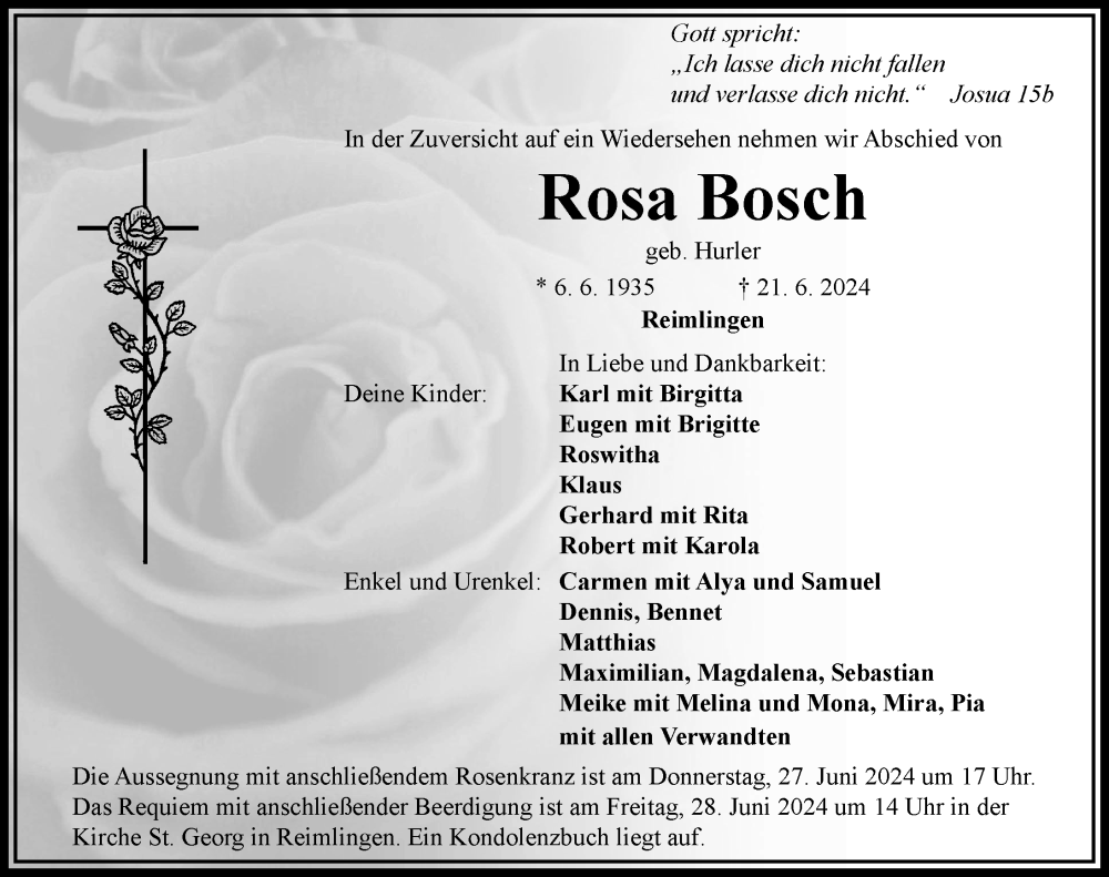 Traueranzeige von Rosa Bosch von Rieser Nachrichten