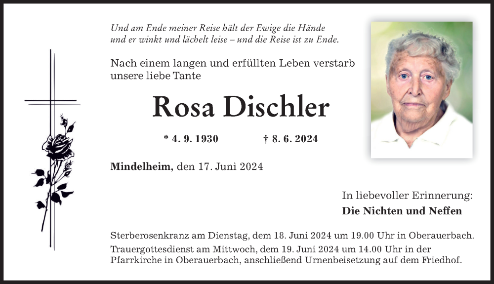 Traueranzeige von Rosa Dischler von Mindelheimer Zeitung