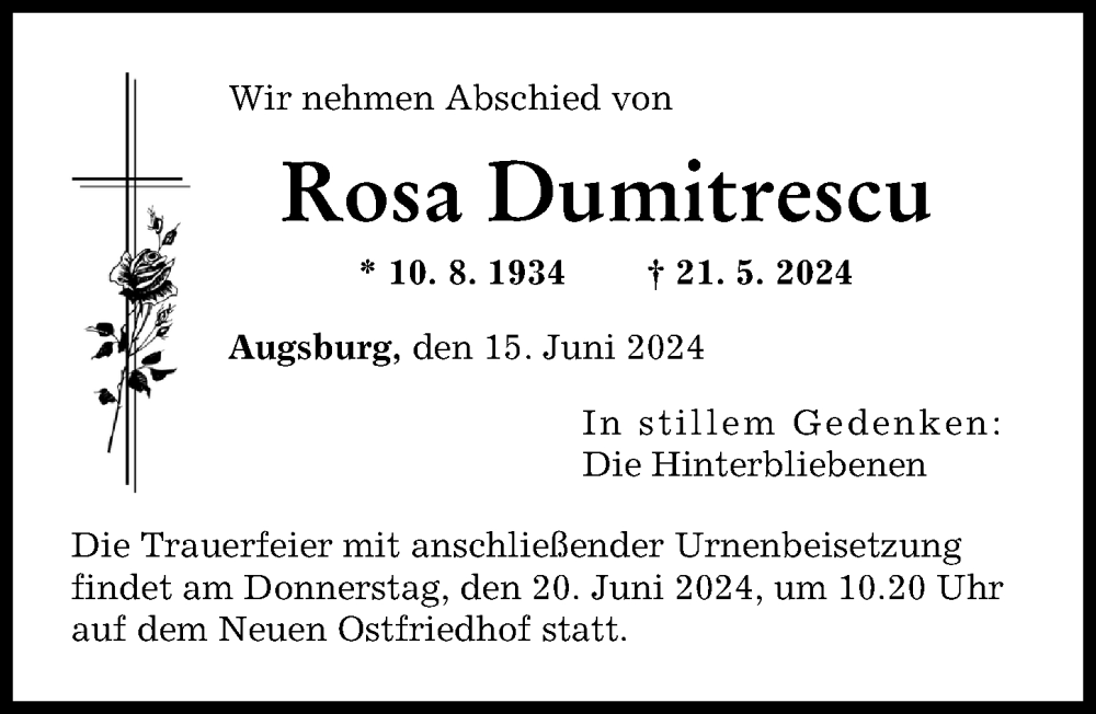 Traueranzeige von Rosa Dumitrescu von Augsburger Allgemeine