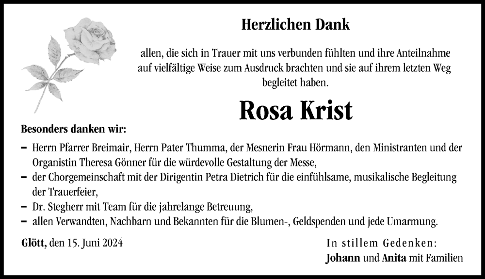 Traueranzeige von Rosa Krist von Donau Zeitung