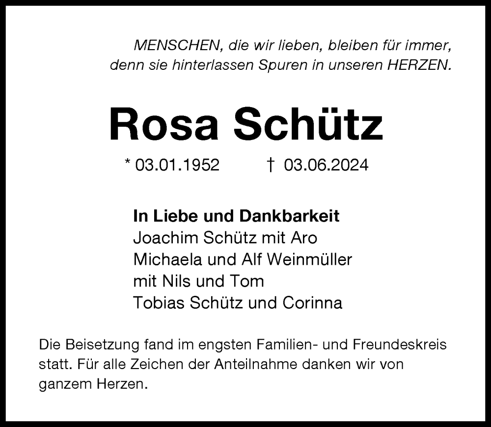 Traueranzeige von Rosa Schütz von Neu-Ulmer Zeitung