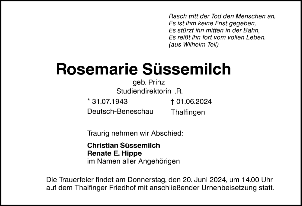 Traueranzeige von Rosemarie Süssemilch von Augsburger Allgemeine, Neu-Ulmer Zeitung