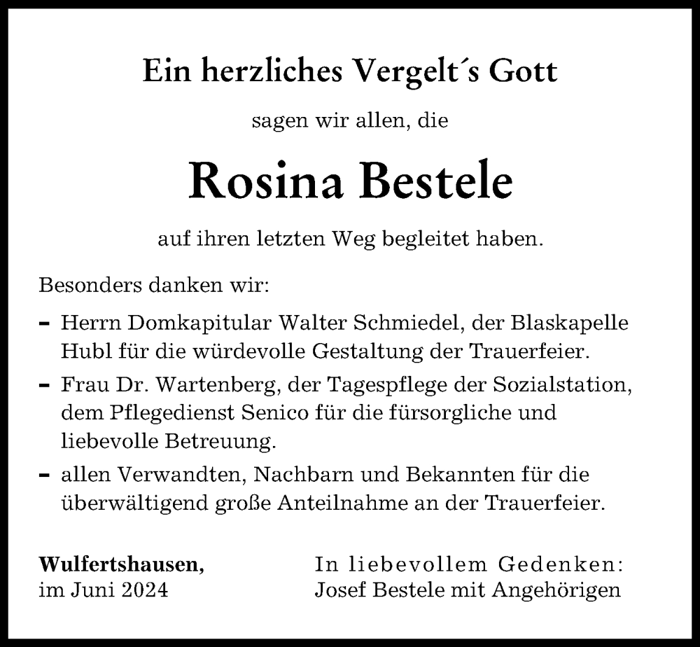 Traueranzeige von Rosina Bestele von Friedberger Allgemeine