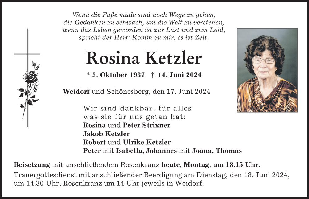  Traueranzeige für Rosina Ketzler vom 17.06.2024 aus Neuburger Rundschau