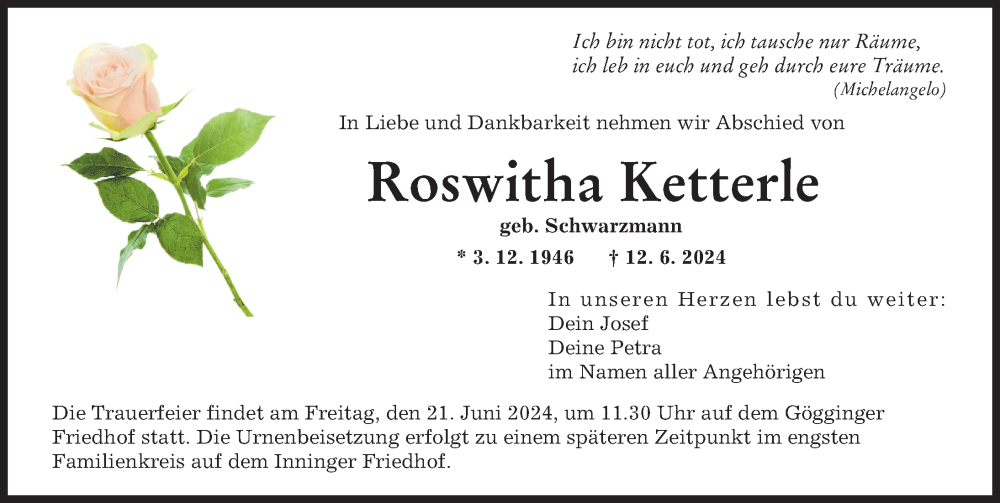 Traueranzeige von Roswitha Ketterle von Augsburger Allgemeine