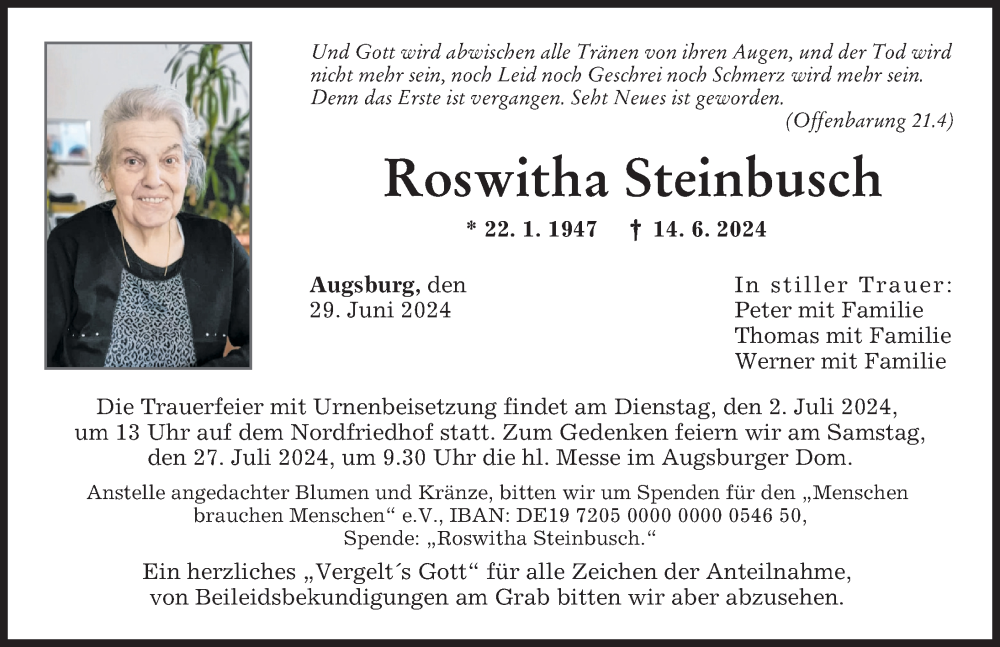 Traueranzeige von Roswitha Steinbusch von Augsburger Allgemeine