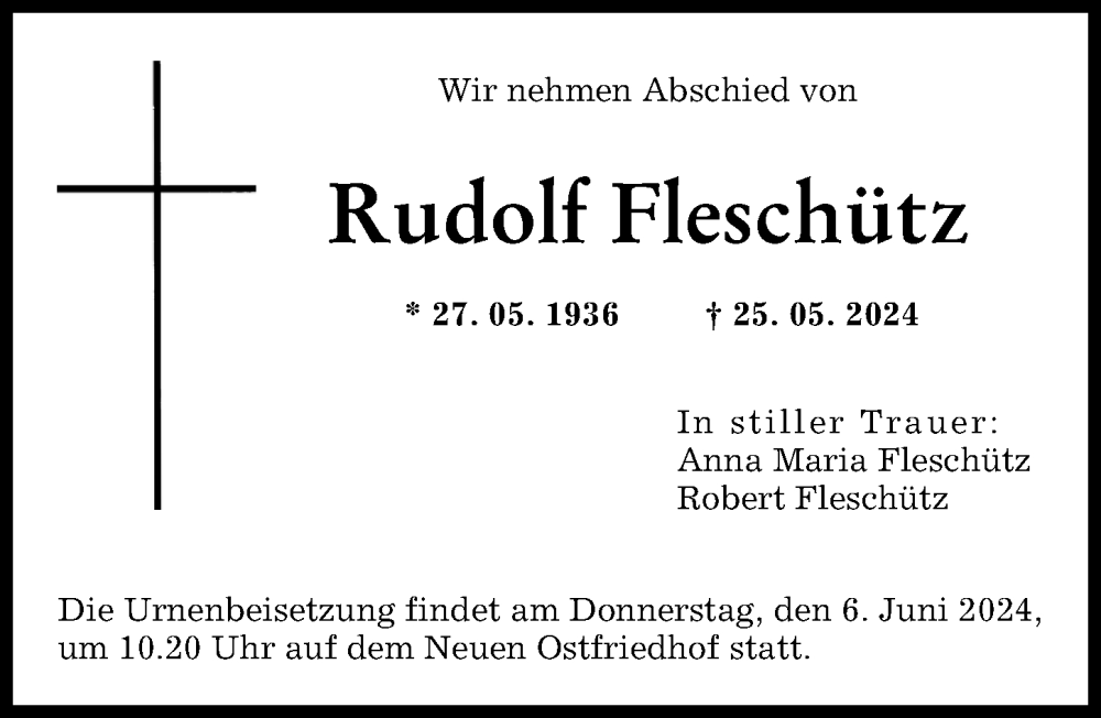 Traueranzeige von Rudolf Fleschütz von Augsburger Allgemeine