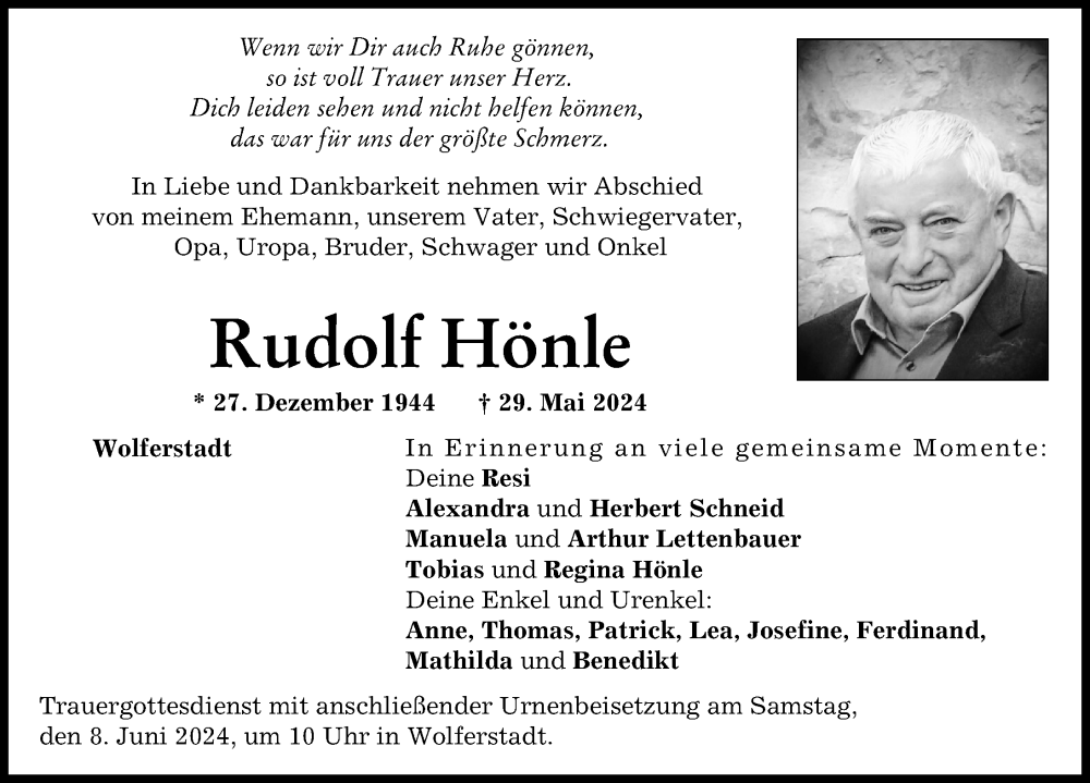 Traueranzeige von Rudolf Hönle von Donauwörther Zeitung