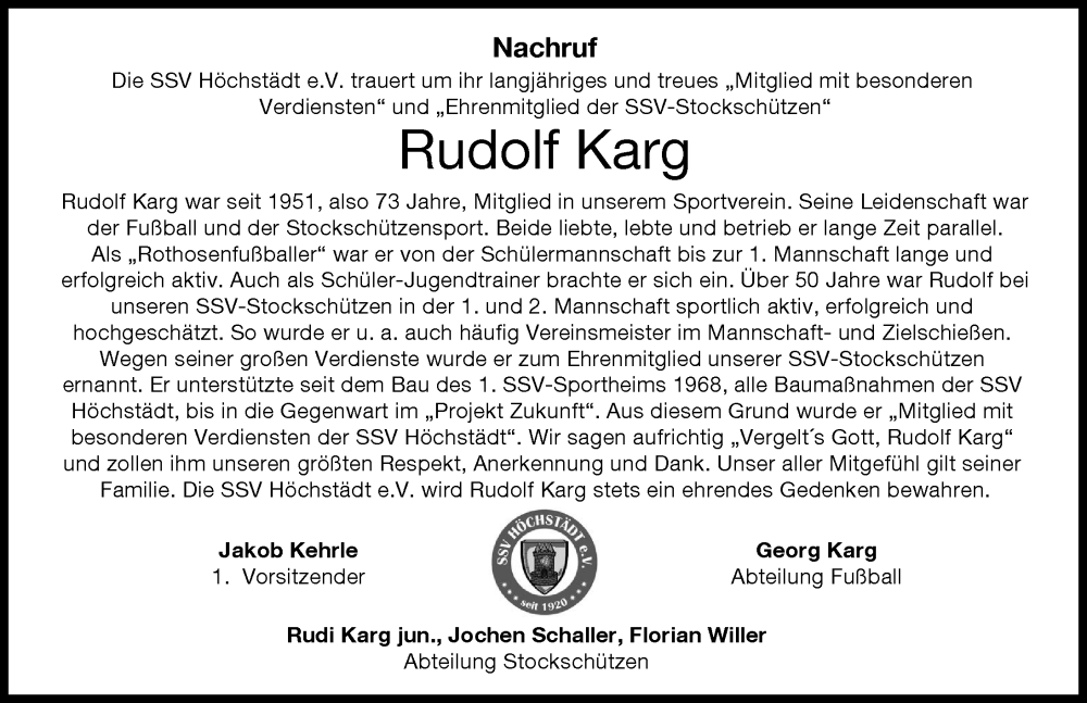Traueranzeige von Rudolf Karg von Donau Zeitung