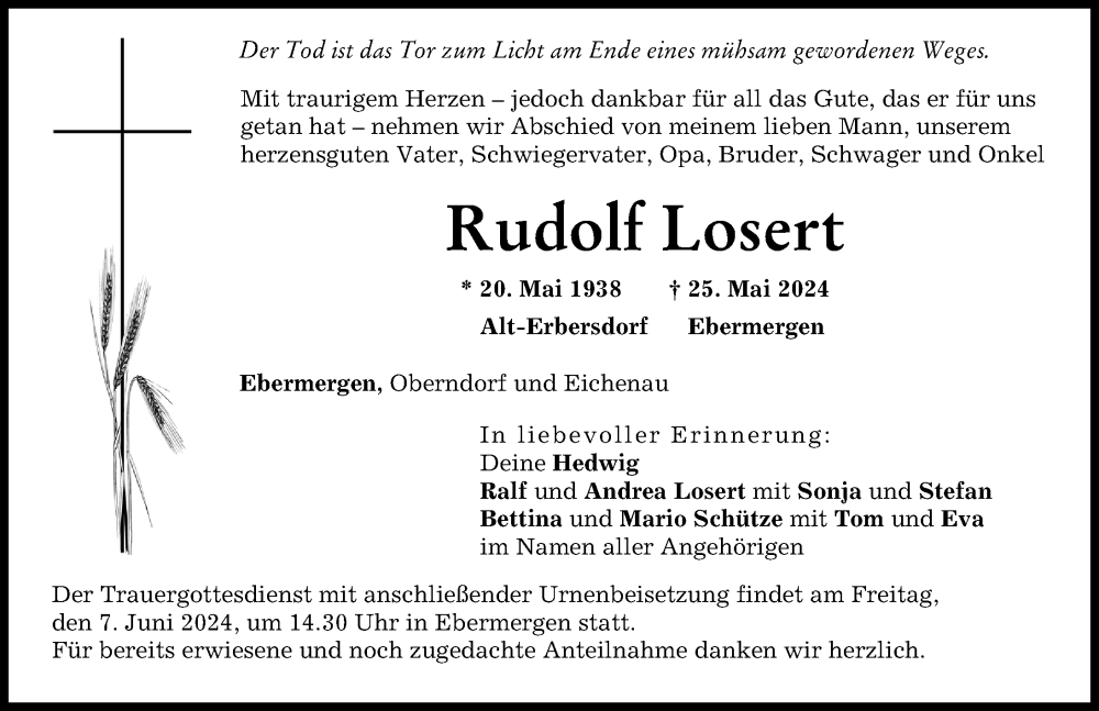 Traueranzeige von Rudolf Losert von Donauwörther Zeitung