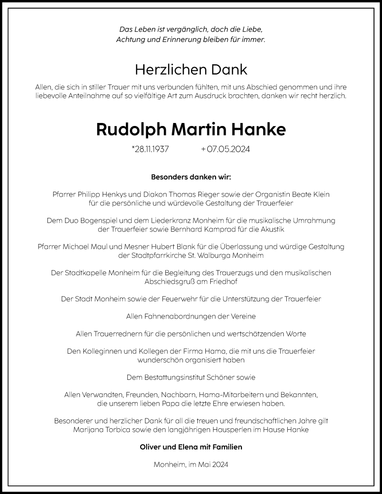 Traueranzeige von Rudolph Martin Hanke von Donauwörther Zeitung