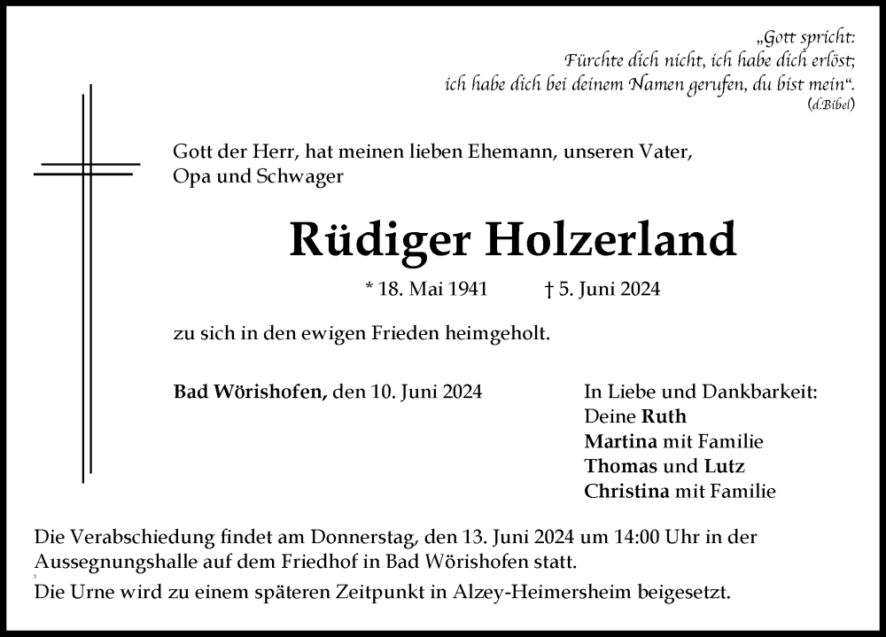 Traueranzeige von Rüdiger Holzerland von Mindelheimer Zeitung