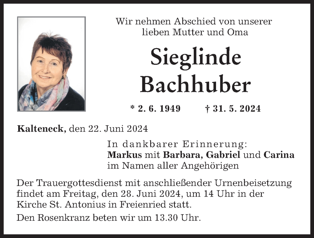 Traueranzeige von Sieglinde Bachhuber von Friedberger Allgemeine, Aichacher Nachrichten